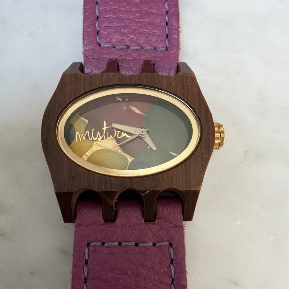 Mistura Columbian Timepiece Teak Wood Hydrangea Petal Dial Leather Watch